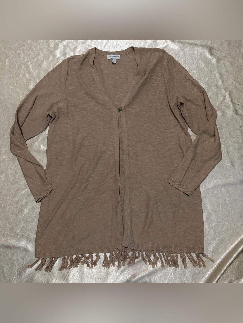 Susan Graver Cotton Slub Knit Sweater Cardigan with Fringe Medium A377186